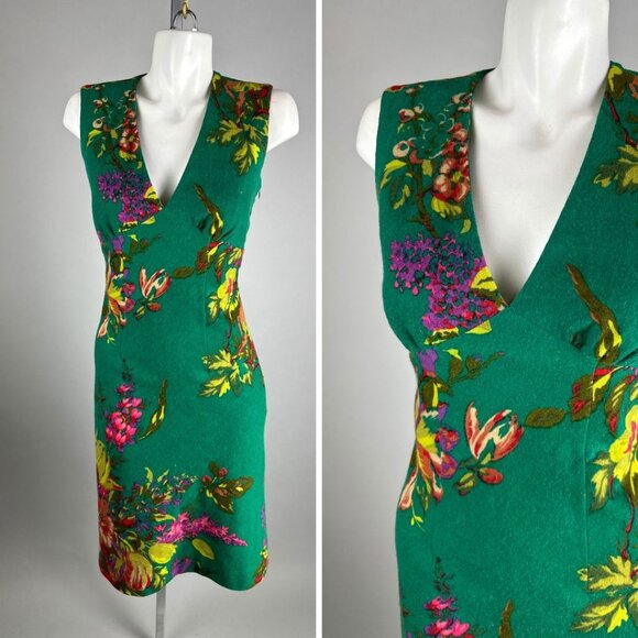 Vtg 90s Paul & Joe Wool Dress Green Belt Floral Sheath V-Neck Womens Size Medium - Picture 1 of 6